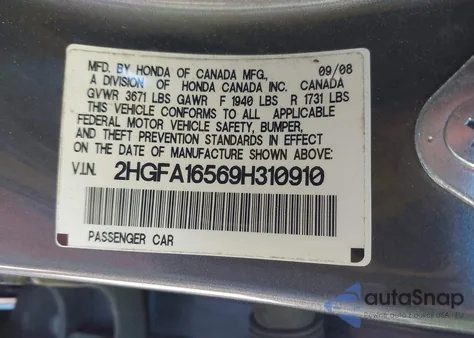 2009 Honda Civic Lx z USA, uszkodzony, nr VIN 2HGFA16569H310910